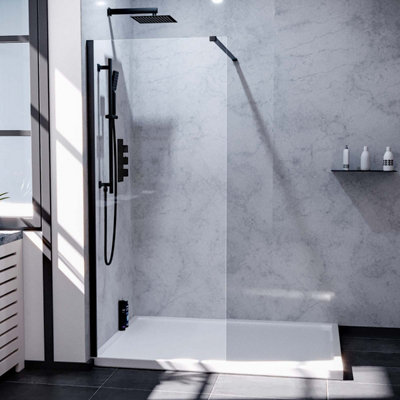 Walk In 700mm Wet Room Shower Screen & Support Bar Matte Black
