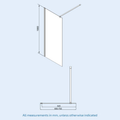 Walk In 700mm Wet Room Shower Screen & Support Bar Matte Black - 4