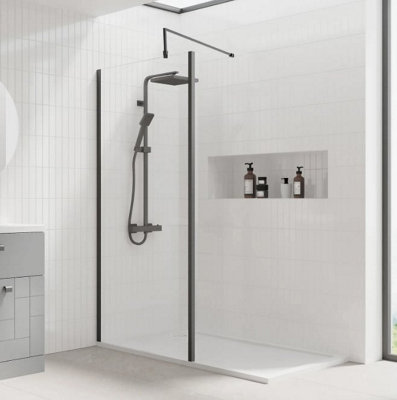 Walk In Black Screen Panel 760mm Wet Room Shower Enclosure Clear Tempered Glass With Shower Tray 1200x100mm
