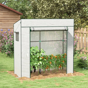 Walk-in Garden Green House with Large Roll-up Door and 2 Mesh Windows, White