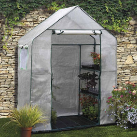 Walk In Greenhouse with PE Cover, 3 Tier with 6 Shelves, Roll Up Door & Netted Windows for Temperature Control