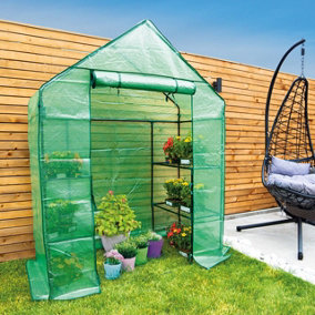 Walk-In Greenhouse with PE Cover, 4 Shelves & Zip Up Door - Green Foldaway Outdoor Garden Grow House - H195 x W143 x D75cm