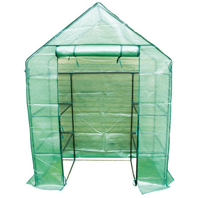 Walk-In Greenhouse with PE Cover, 4 Shelves & Zip Up Door - Green Foldaway Outdoor Garden Grow House - H195 x W143 x D75cm