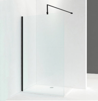 Walk In Shower Glass Panel Black Frame 700mm With Shower Tray 1700x700mm
