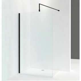Walk In Shower Glass Panel Black Frame 700mm With Shower Tray 1700x700mm