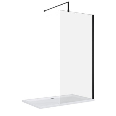 Walk In Shower Glass Panel Black Frame 700mm With Shower Tray 1700x700mm