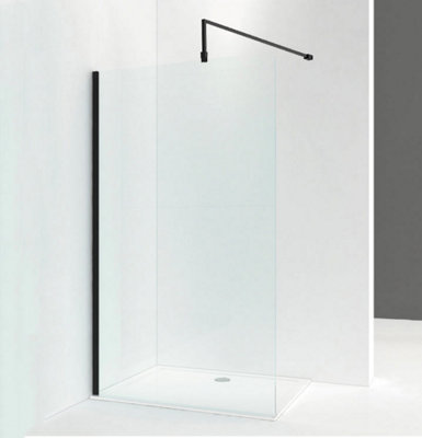 Walk In Shower Glass Panel Black Frame 760 mm Shape With Shower Stone Tray 1400x800mm