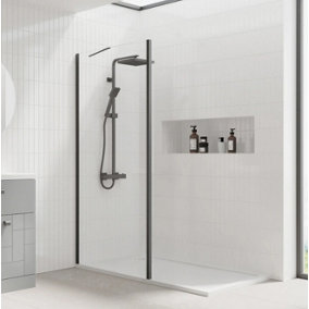 Walk In Shower Glass Panel Black Frame Clear Glass 2000 x 700 mm  With Shower Tray 1000 x 1000 mm