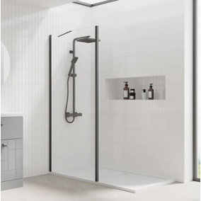 Walk In Shower Glass Panel Black Frame Clear Glass 2000 x 700mm & Shower Tray  1700x900mm