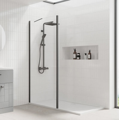 Walk In Shower Glass Panel Black Frame Clear Glass 2000x700mm & Shower Tray 1800x800mm