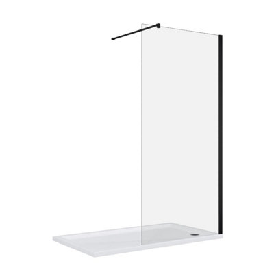 Walk In Shower Glass Panel Black Frame Clear Glass 700mm With Shower Tray 1200x900mm