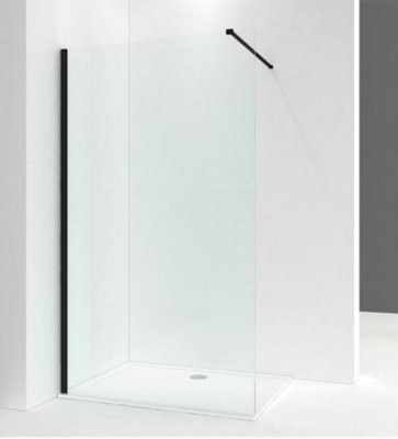 Walk In Shower Glass Panel Black Frame Clear Glass 700mm With White Long Shower Tray 1500x800mm