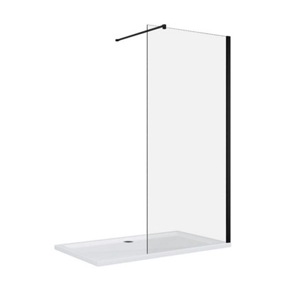 Walk In Shower Glass Panel Black Frame Clear Glass 700mm With White Long Shower Tray 1500x900mm