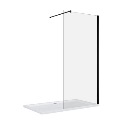 Walk In Shower Glass Panel Black Frame Clear Glass 700mm With White Long Shower Tray 1700x700mm
