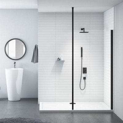 Walk In Shower Glass Panel Black Frame Clear Glass 800mm With White Long Shower Tray 1200x1000mm