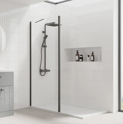 Walk In Shower Glass Panel Black Frame Clear Glass L Shape 700 + 300 mm