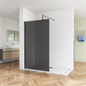 Walk In Shower Glass Panel Black Frame Grey Glass 2000 x 700 mm With White Long Shower Tray 1800 x 800 mm