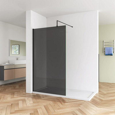Walk In Shower Glass Panel Black Frame Grey Glass 2000x700mm With Shower Tray 1200 x 700 mm