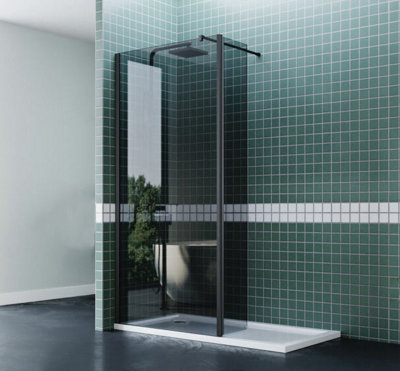Walk In Shower Glass Panel Black Frame Grey Glass 2000x700mm With Shower Tray 1200 x 700 mm