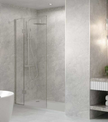 Walk In Shower Glass Panel Black Frame Grey Glass L Shape 600 + 300 mm With Shower Tray 1200 x 700 mm