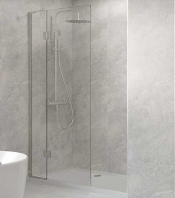 Walk In Shower Glass Panel Clear Glass 360 + 600 mm Shape With White Long Shower Tray 1600 x 760 mm