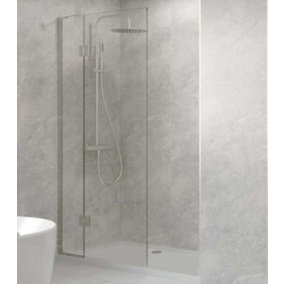 Walk In Shower Glass Panel Clear Glass 360 + 600 mm Shape With White Long Shower Tray 1600 x 760 mm