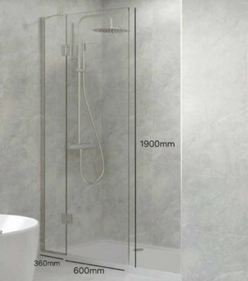 Walk In Shower Glass Panel Clear Glass 360 + 600 mm Shape With White Long Shower Tray 1600 x 760 mm
