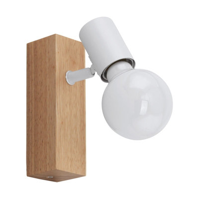 Wall 1 Spot Light Backplate Colour Brown Wood Oak Look White Shade Bulb ...