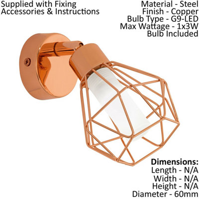 Wall 1 Spot Light Copper Steel Shade White Satin Glass Bulb G9 1x3W Included
