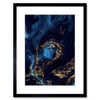 Wall Art Print Abstract Dark Blue Gold Waves Art Framed 9x7 inch