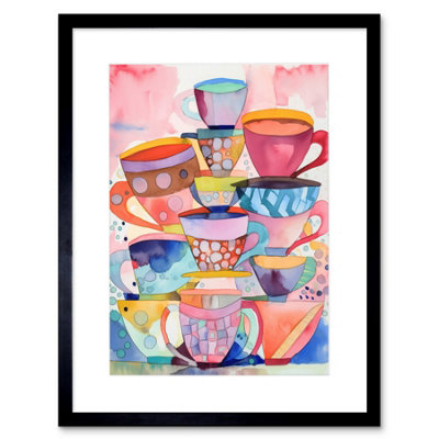 Wall Art Print Abstract Kitchen Cups And Saucers Folk Artwork Framed ...