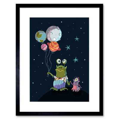 Wall Art Print Aliens Space Planet Balloons Framed Art 9X7 Inch