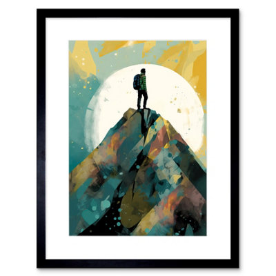 WALL ART PRINT HIKER ON MOUNTAIN PEAK MODERN WATERCOLOUR PAINTING ...