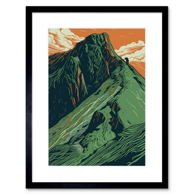 Wall Art Print Hiking the Striding Edge Orange and Green Linocut ...