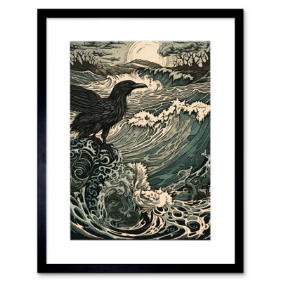 Wall Art Print Raven and Crashing Waves Coastal Sunrise Landscape ...