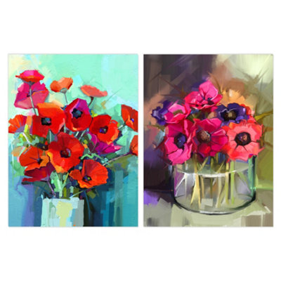 Wall Art Print Set of 2 Red and Purple Poppy Flowers Bouquet Vase ...