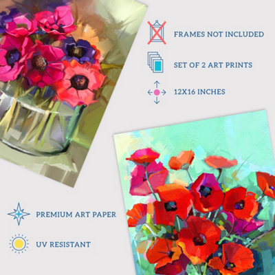 Wall Art Print Set of 2 Red and Purple Poppy Flowers Bouquet Vase ...