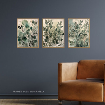 Wall Art Print Set of 3 Botanical Plants Sage Green Watercolour ...