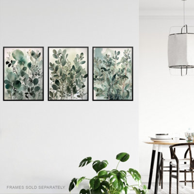 Wall Art Print Set of 3 Botanical Plants Sage Green Watercolour ...