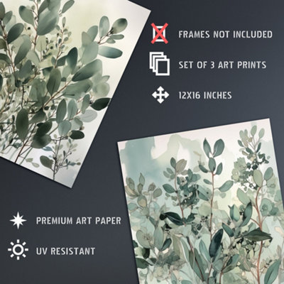 Wall Art Print Set of 3 Botanical Plants Sage Green Watercolour ...