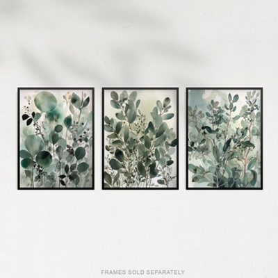 Wall Art Print Set of 3 Botanical Plants Sage Green Watercolour ...