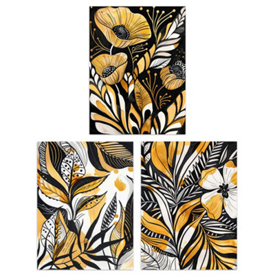 Wall Art Print Set of 3 Elegant Gold Black Floral Botanical Wall Art