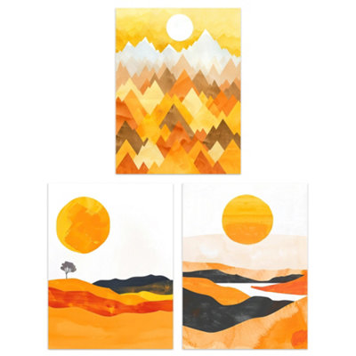 Wall Art Print Set of 3 Prints Bold Orange Sunset Landscape Mountains ...