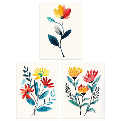 Wall Art Print Set of 3 Prints Wildflowers Floral Watercolour Bright ...