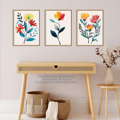 Wall Art Print Set of 3 Prints Wildflowers Floral Watercolour Bright ...