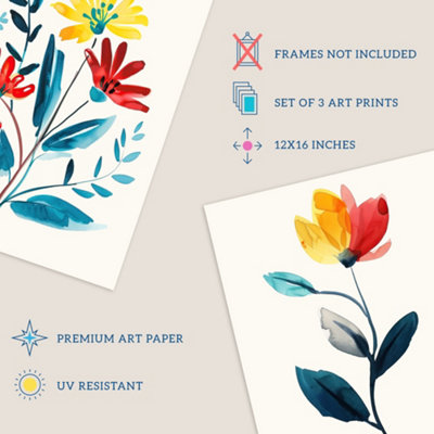 Wall Art Print Set of 3 Prints Wildflowers Floral Watercolour Bright ...