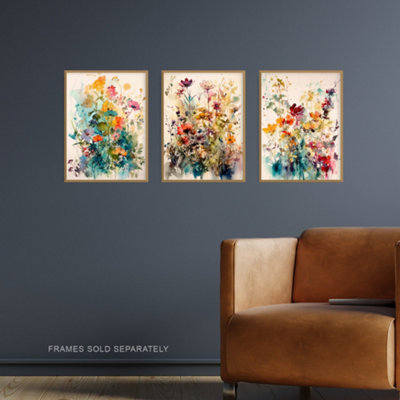 Wall Art Print Set of 3 Wildflowers Colourful Watercolour Floral ...