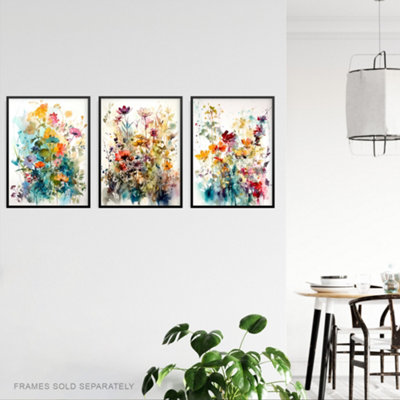 Wall Art Print Set of 3 Wildflowers Colourful Watercolour Floral ...