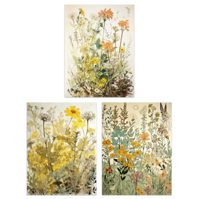 Wall Art Print Set of 3 Wildflowers Vintage Pastel Colour Floral ...