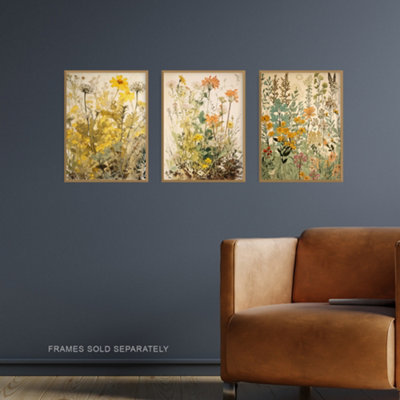 Wall Art Print Set of 3 Wildflowers Vintage Pastel Colour Floral ...